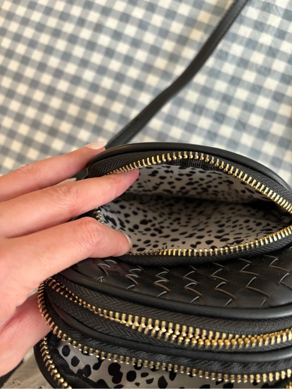 Black Woven Crossbody Bag with Gold Hardware